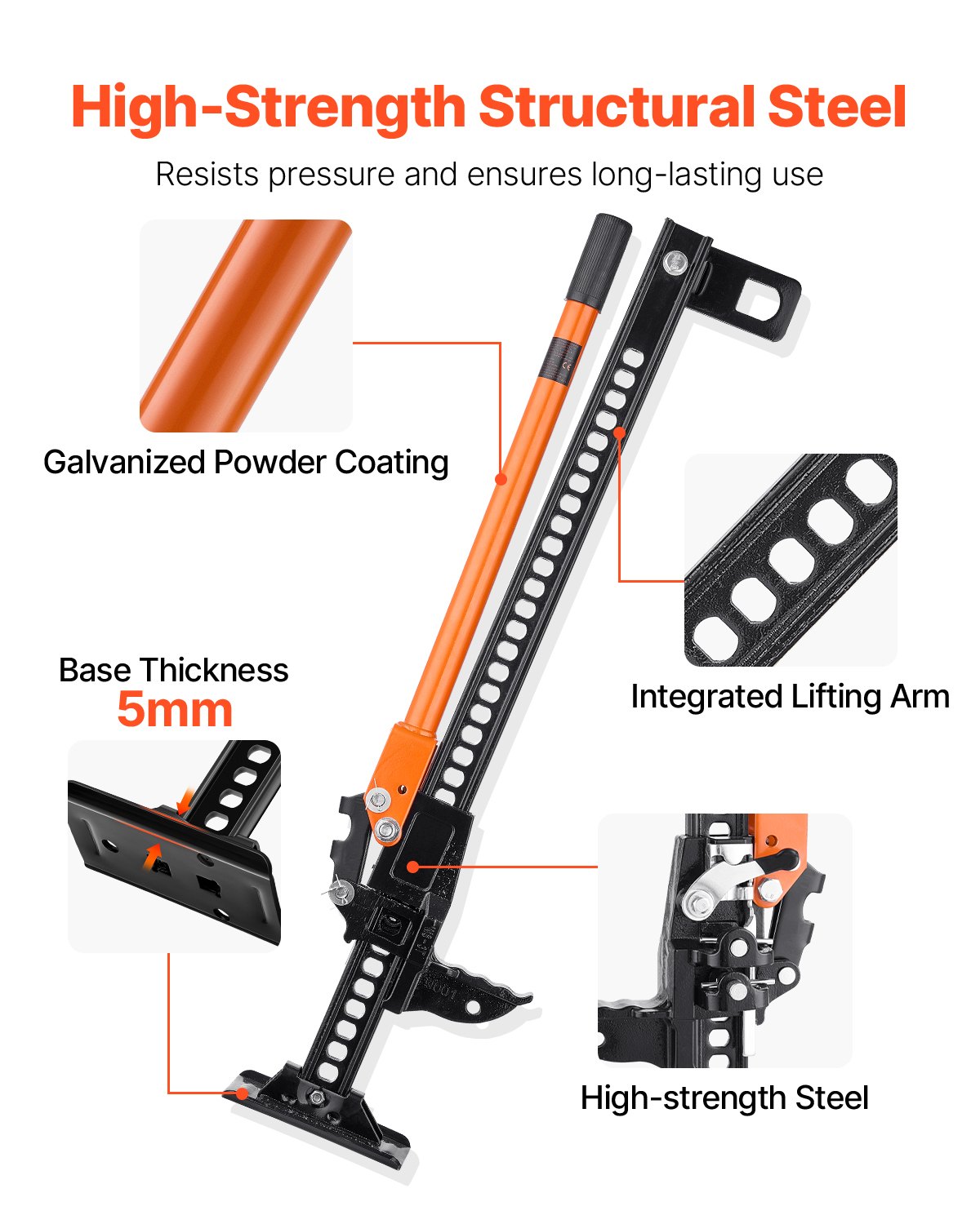 VEVOR Gato Agrícola 91,5 cm con Elevación Alta y Trinquete Carga Máxima de 3,18 T para Uso Todoterreno de Alta Resistencia con Rango de Elevación de 130,1 a 769,6 mm para Tractor, Camión, SUV