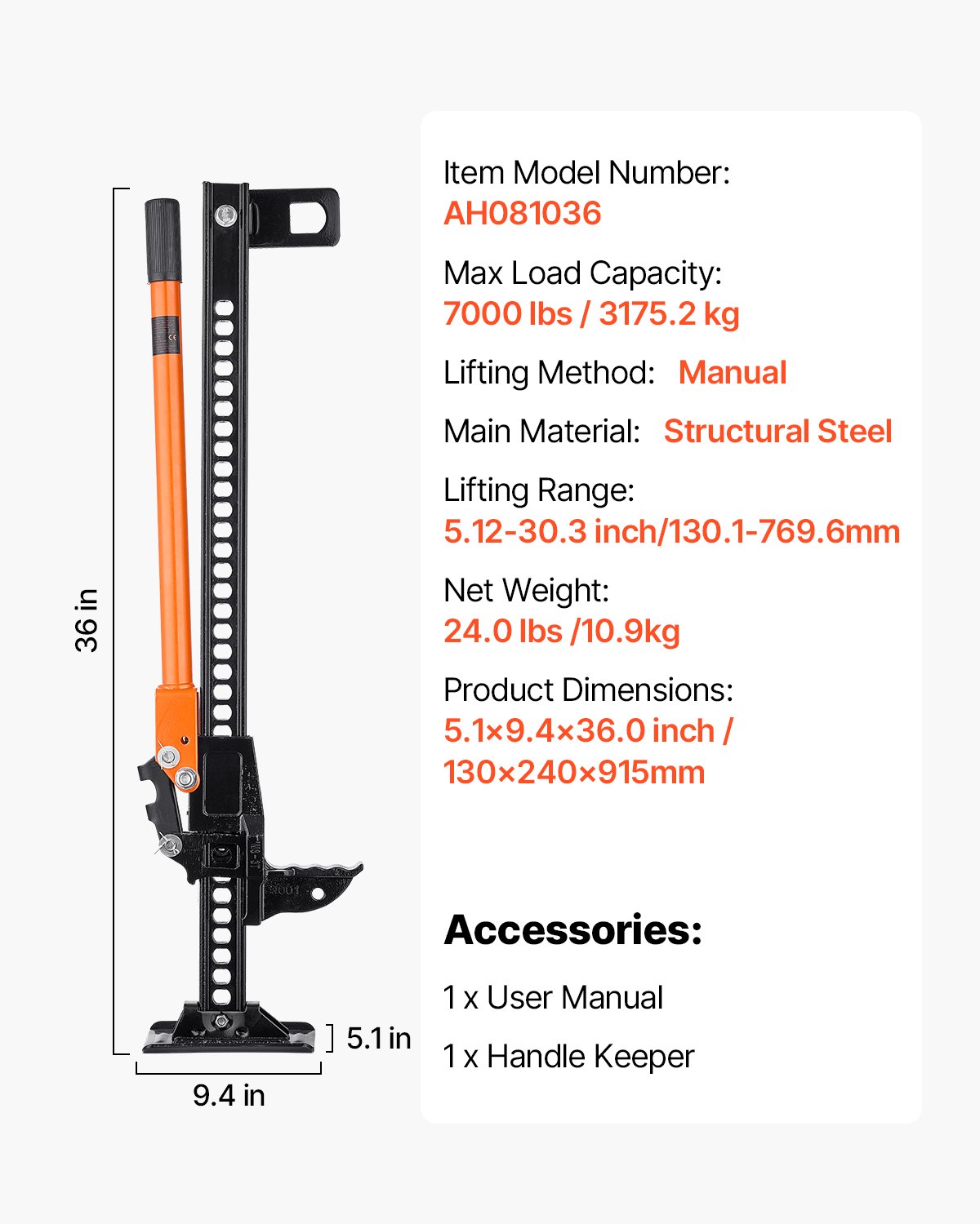 VEVOR Gato Agrícola 91,5 cm con Elevación Alta y Trinquete Carga Máxima de 3,18 T para Uso Todoterreno de Alta Resistencia con Rango de Elevación de 130,1 a 769,6 mm para Tractor, Camión, SUV