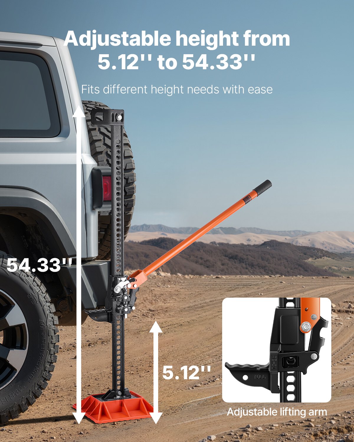 VEVOR Gato Agrícola con Base 153 cm con Elevación Alta y Trinquete Carga Máxima de 3,18 T para Uso Todoterreno de Alta Resistencia con Rango de Elevación de 130,1-1380 mm para Tractor, Camión, SUV