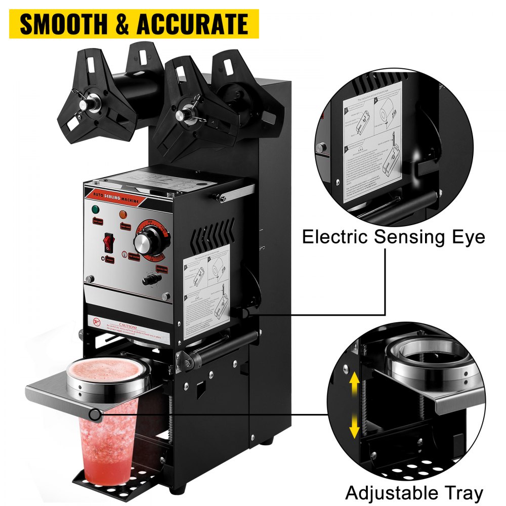 Vevor 90/95 Mm Máquina Selladora Taza De Té Semiautomática Negro 300-500 Tazas/h