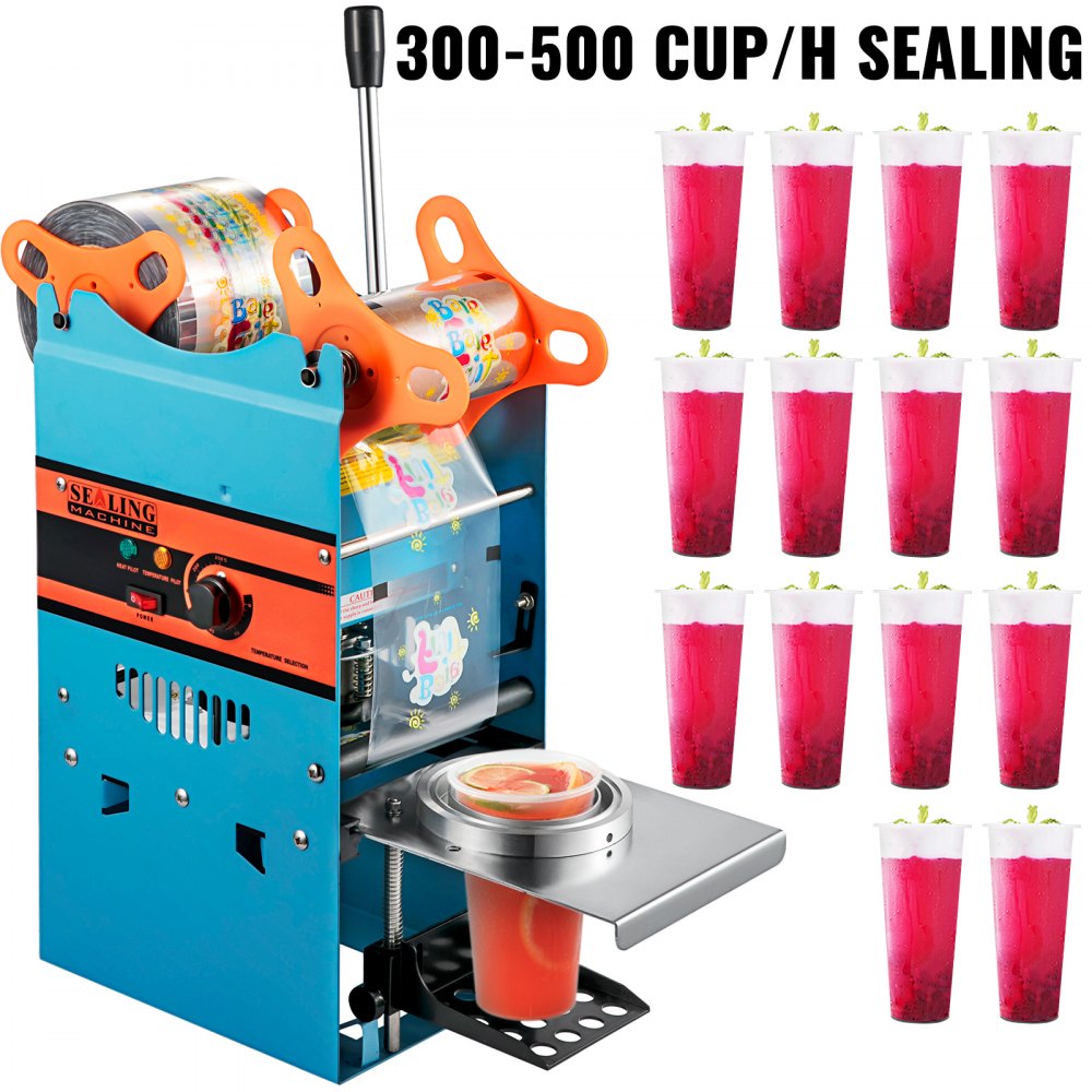 VEVOR Máquina Selladora de Vasos Manual 90/95 mm 300-500 Tazas/h Máquina Selladora de Tazas de Té 27x27x65 cm Azul Máquina de Sellado de Tazas de PP, PE y Pet para Café, Té con Leche, Leche de Soja