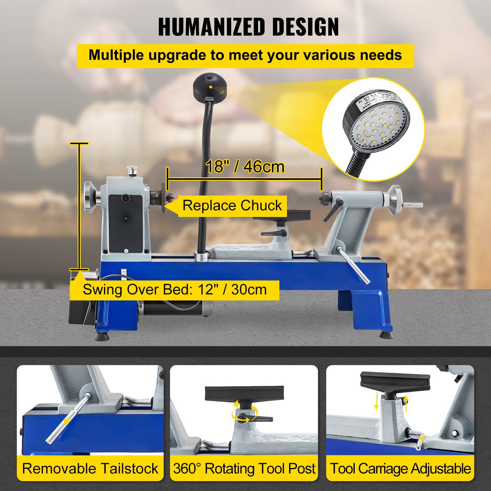 VEVOR Torno para Madera 550 W 220 V 650-3800 RPM Mini Torno de Madera de Mesa Infinitamente Variable Distancia entre Centros 457 mm Torno para Madera Profesional para Laboratorio/ Taller/ Ingeniería