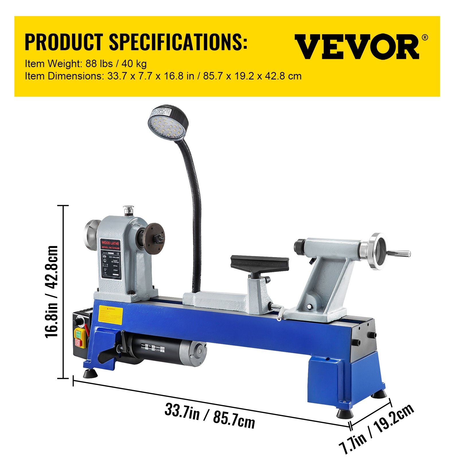 VEVOR Torno para Madera 550 W 220 V 650-3800 RPM Mini Torno de Madera de Mesa Infinitamente Variable Distancia entre Centros 457 mm Torno para Madera Profesional para Laboratorio/ Taller/ Ingeniería