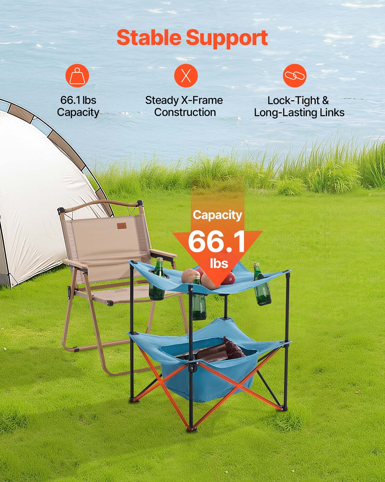 VEVOR Mesa de Camping Plegable Portátil y Ligera, para Exteriores, de Lona Oxford 600D, Impermeable, para Playa, con 4 Portavasos y Bolsa de Transporte, para Picnics, 560 x 560 x 640 mm, Azul
