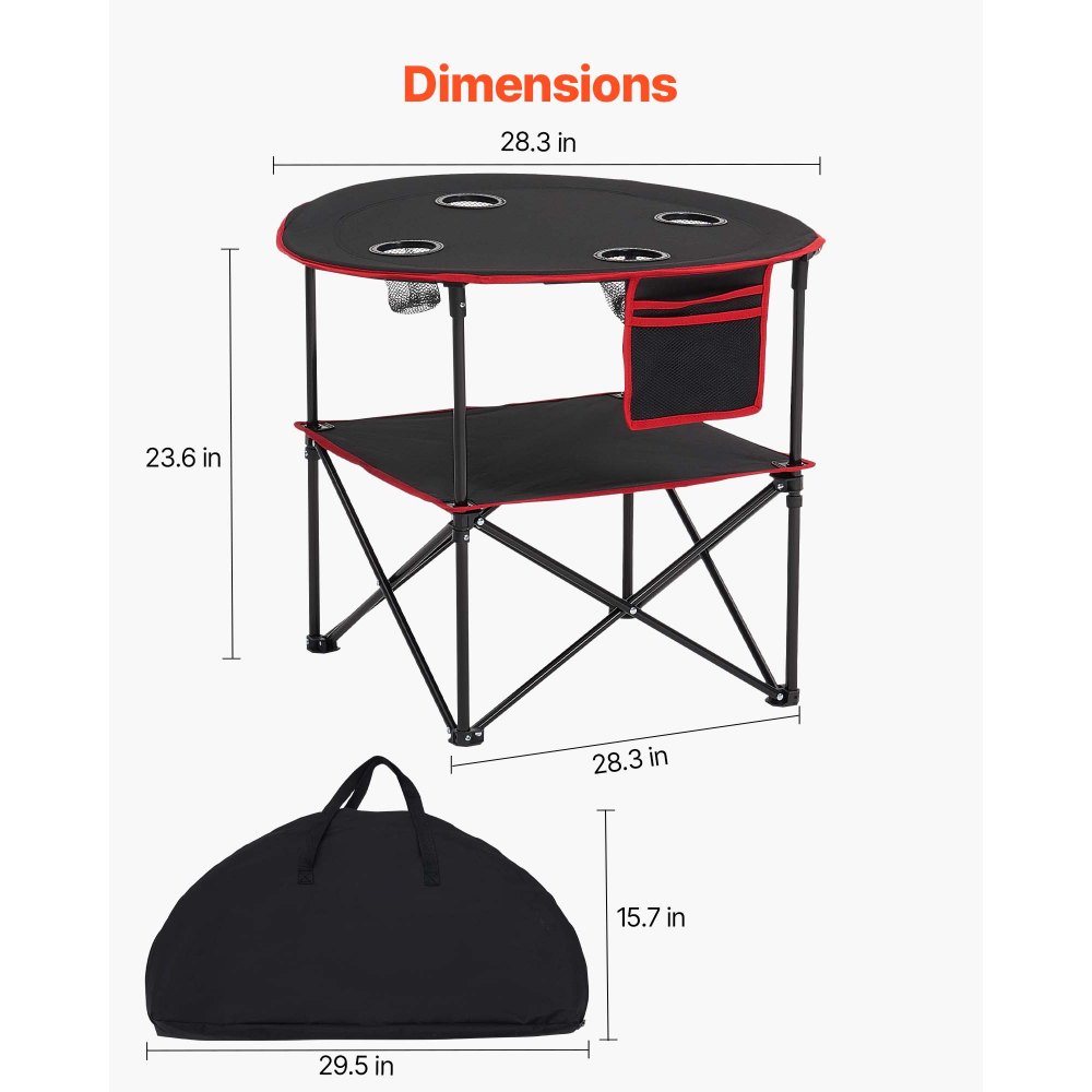 VEVOR Mesa de Camping Plegable Portátil y Ligera, para Exteriores, Lona Oxford 600D, Impermeable, para Playa, Viajes, Picnics, con 4 Portavasos y Bolsa de Transporte, 720 x 720 x 600 mm, Negro