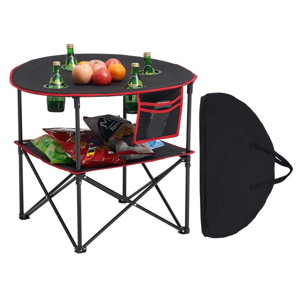 VEVOR Mesa de Camping Plegable Portátil y Ligera, para Exteriores, Lona Oxford 600D, Impermeable, para Playa, Viajes, Picnics, con 4 Portavasos y Bolsa de Transporte, 720 x 720 x 600 mm, Negro