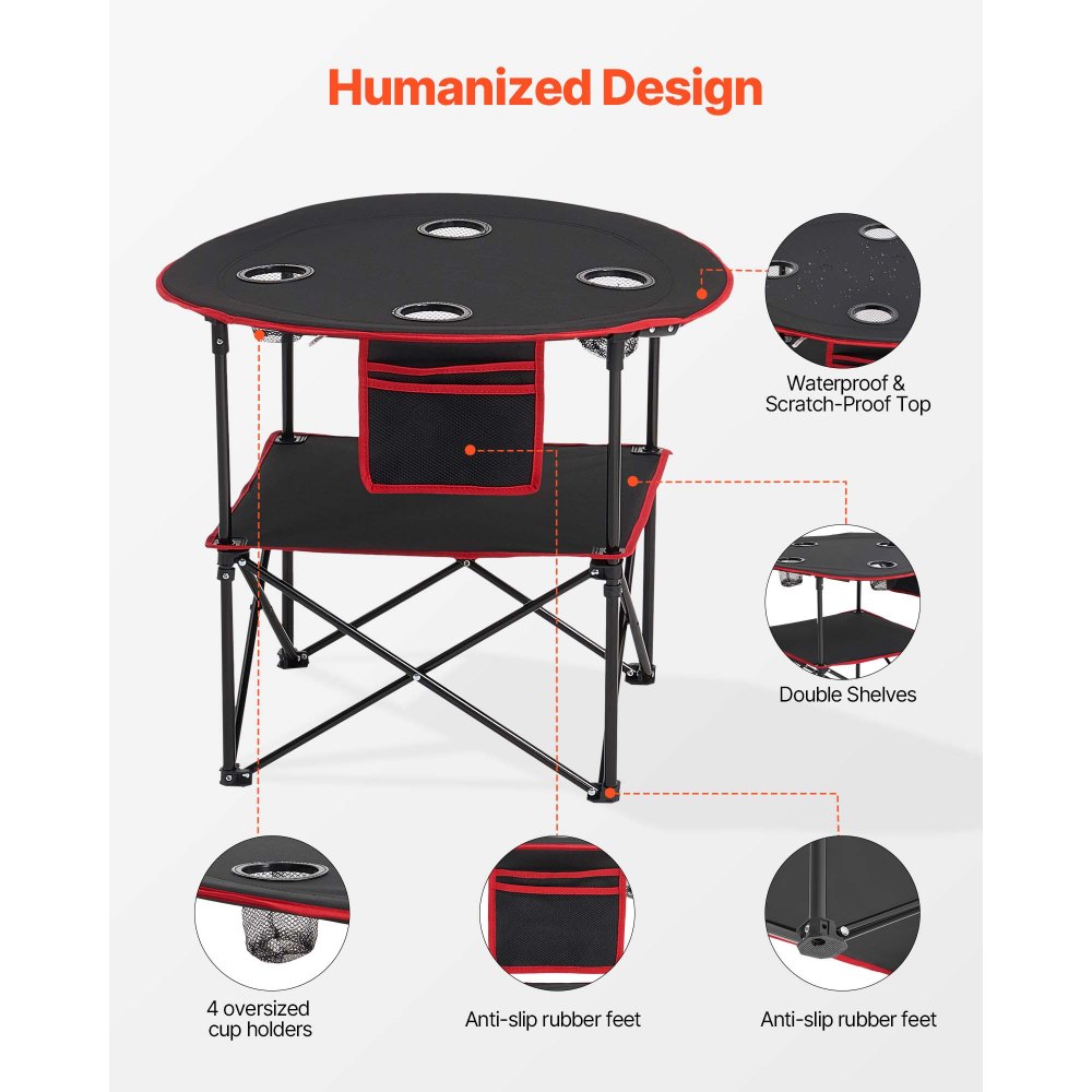 VEVOR Mesa de Camping Plegable Portátil y Ligera, para Exteriores, Lona Oxford 600D, Impermeable, para Playa, Viajes, Picnics, con 4 Portavasos y Bolsa de Transporte, 720 x 720 x 600 mm, Negro