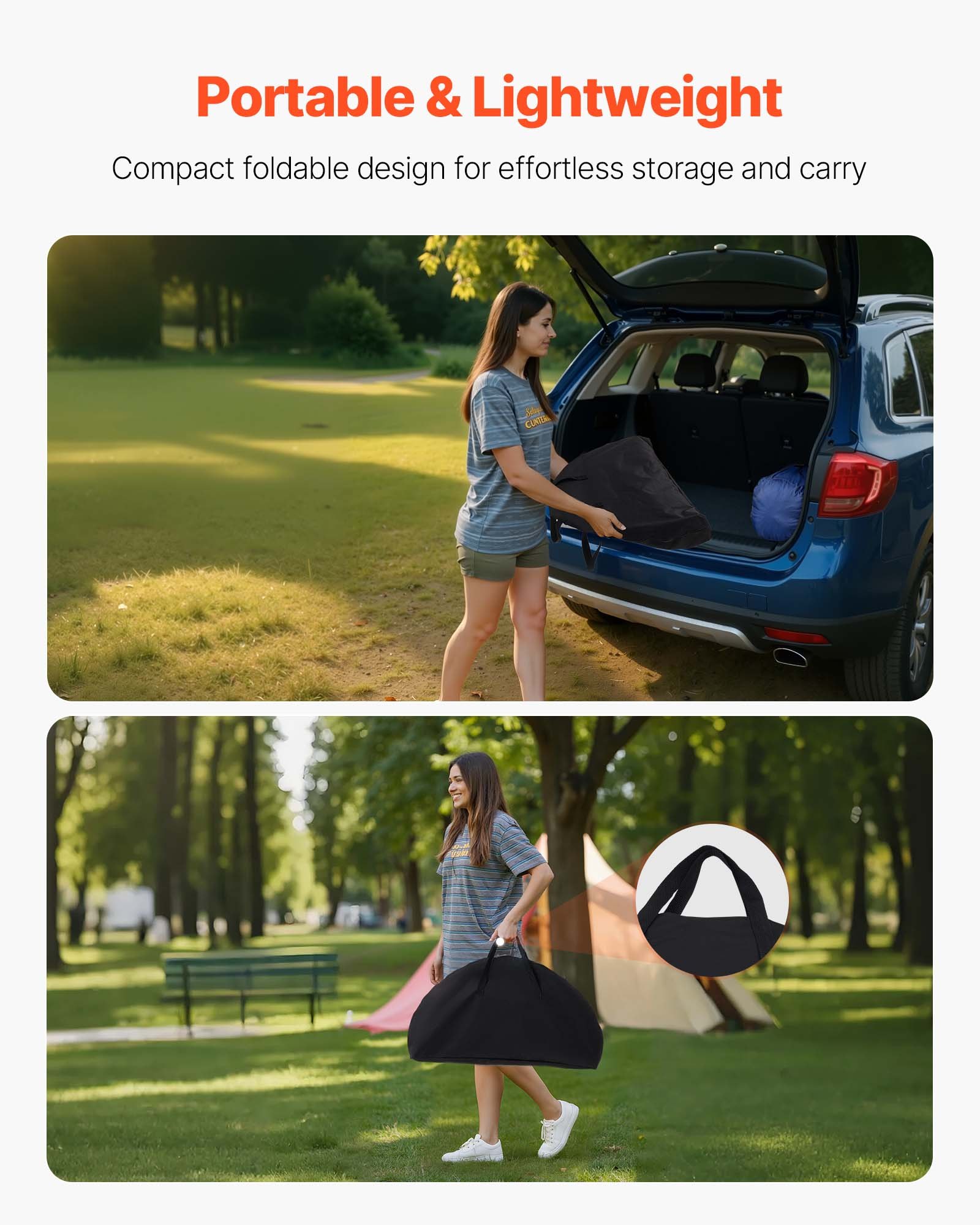 VEVOR Mesa de Camping Plegable Portátil y Ligera, para Exteriores, Lona Oxford 600D, Impermeable, para Playa, Viajes, Picnics, con 4 Portavasos y Bolsa de Transporte, 720 x 720 x 600 mm, Negro