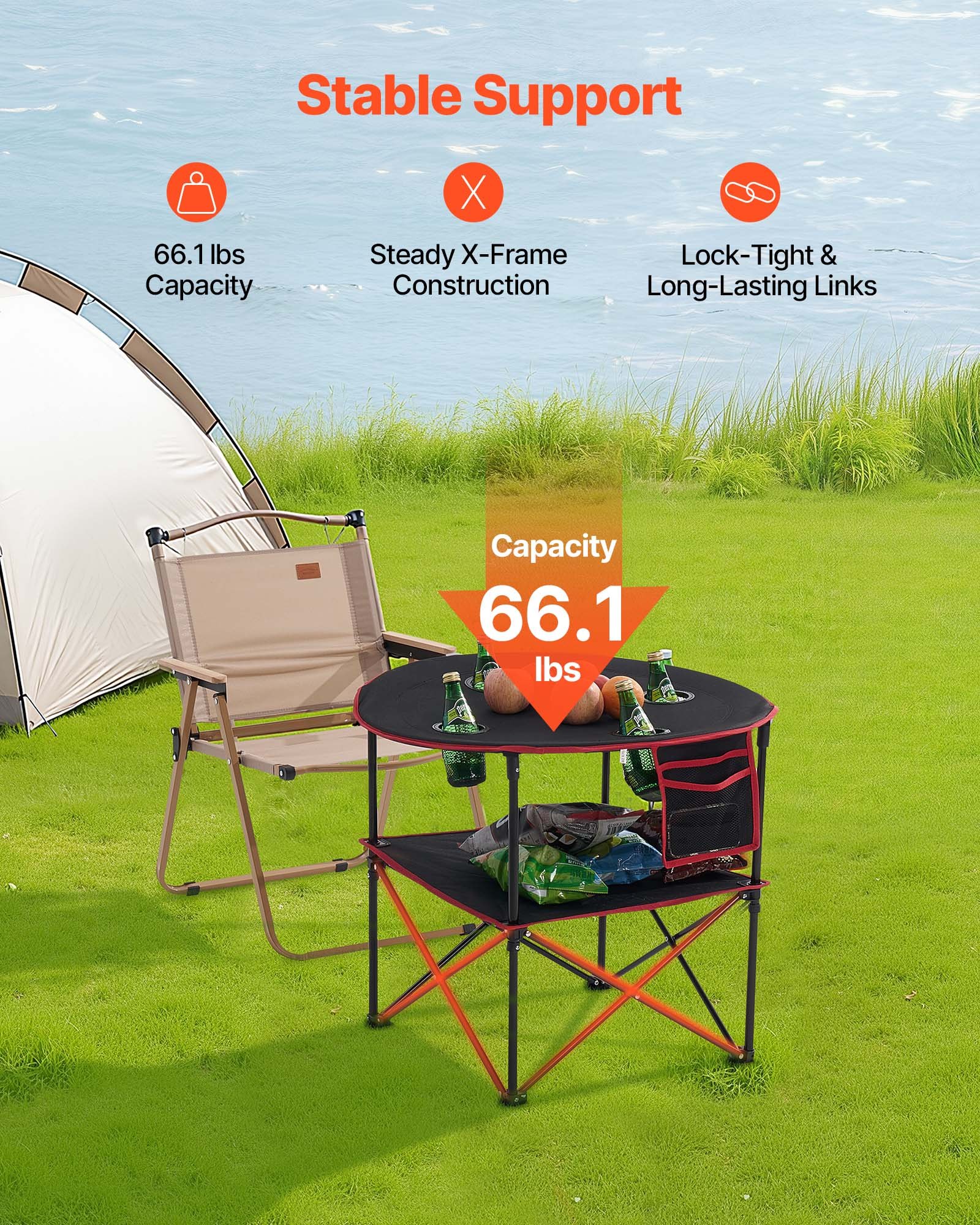 VEVOR Mesa de Camping Plegable Portátil y Ligera, para Exteriores, Lona Oxford 600D, Impermeable, para Playa, Viajes, Picnics, con 4 Portavasos y Bolsa de Transporte, 720 x 720 x 600 mm, Negro