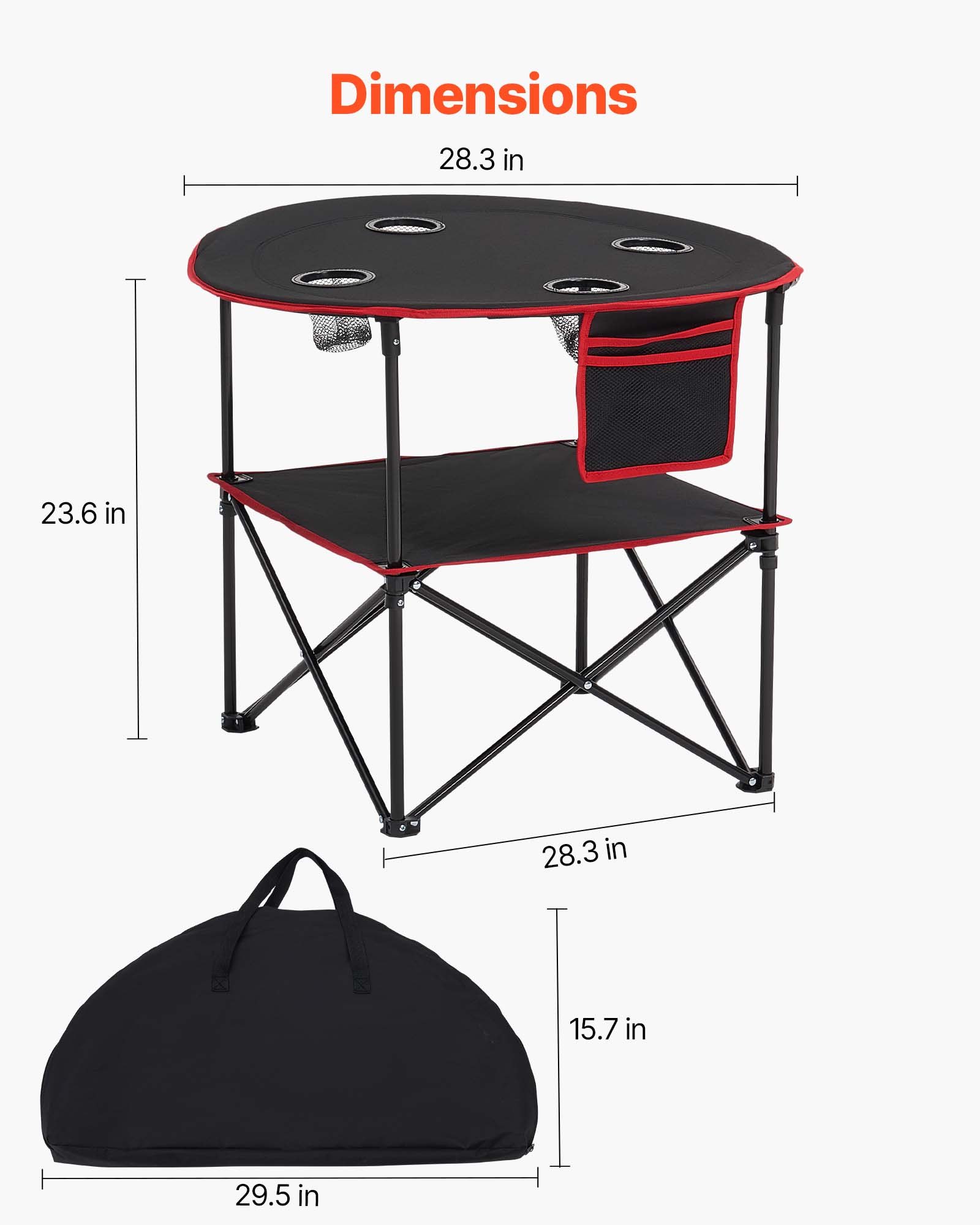 VEVOR Mesa de Camping Plegable Portátil y Ligera, para Exteriores, Lona Oxford 600D, Impermeable, para Playa, Viajes, Picnics, con 4 Portavasos y Bolsa de Transporte, 720 x 720 x 600 mm, Negro
