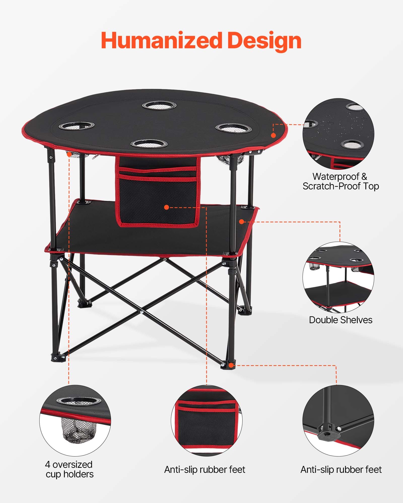 VEVOR Mesa de Camping Plegable Portátil y Ligera, para Exteriores, Lona Oxford 600D, Impermeable, para Playa, Viajes, Picnics, con 4 Portavasos y Bolsa de Transporte, 720 x 720 x 600 mm, Negro