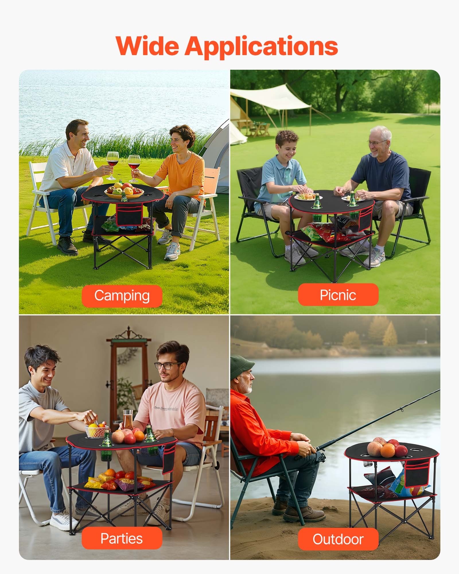VEVOR Mesa de Camping Plegable Portátil y Ligera, para Exteriores, Lona Oxford 600D, Impermeable, para Playa, Viajes, Picnics, con 4 Portavasos y Bolsa de Transporte, 720 x 720 x 600 mm, Negro