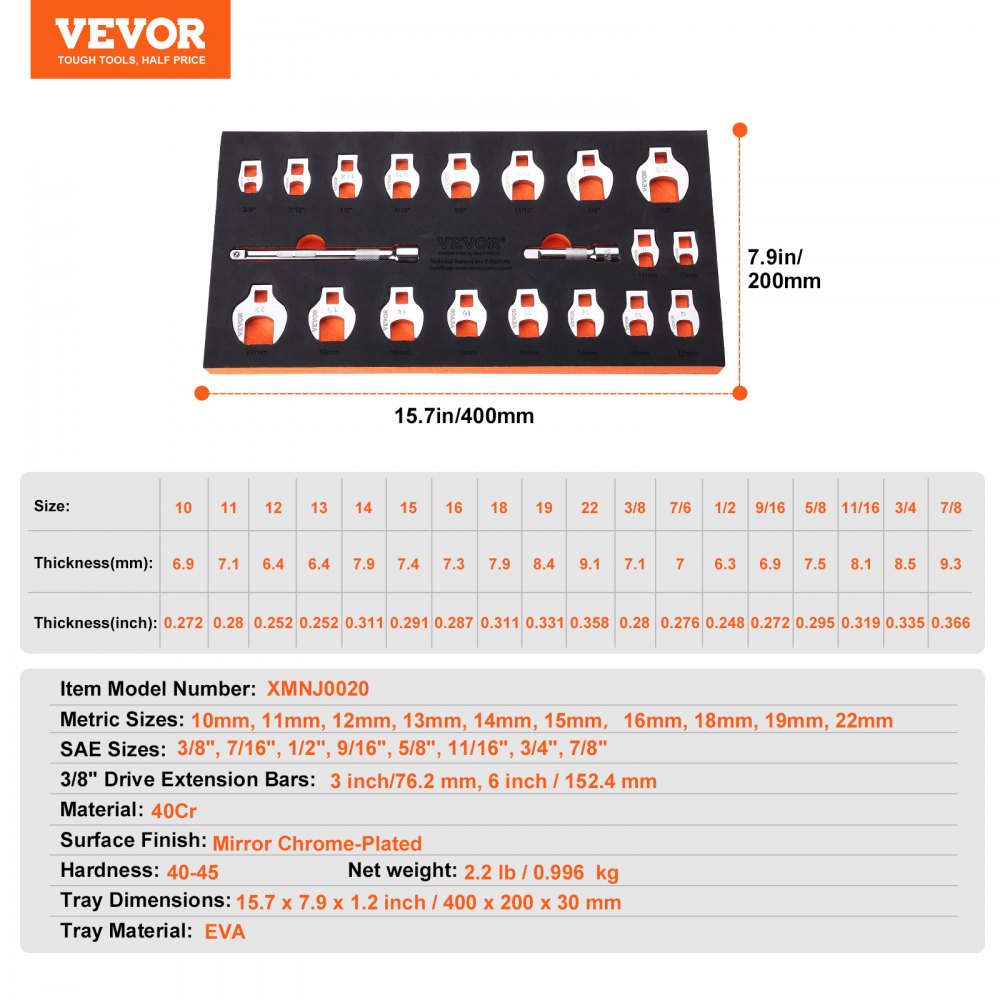 VEVOR Juego de Llaves de Ojo de Cuervo 20PCS con Accionamiento SAE Métrico 3/8"​