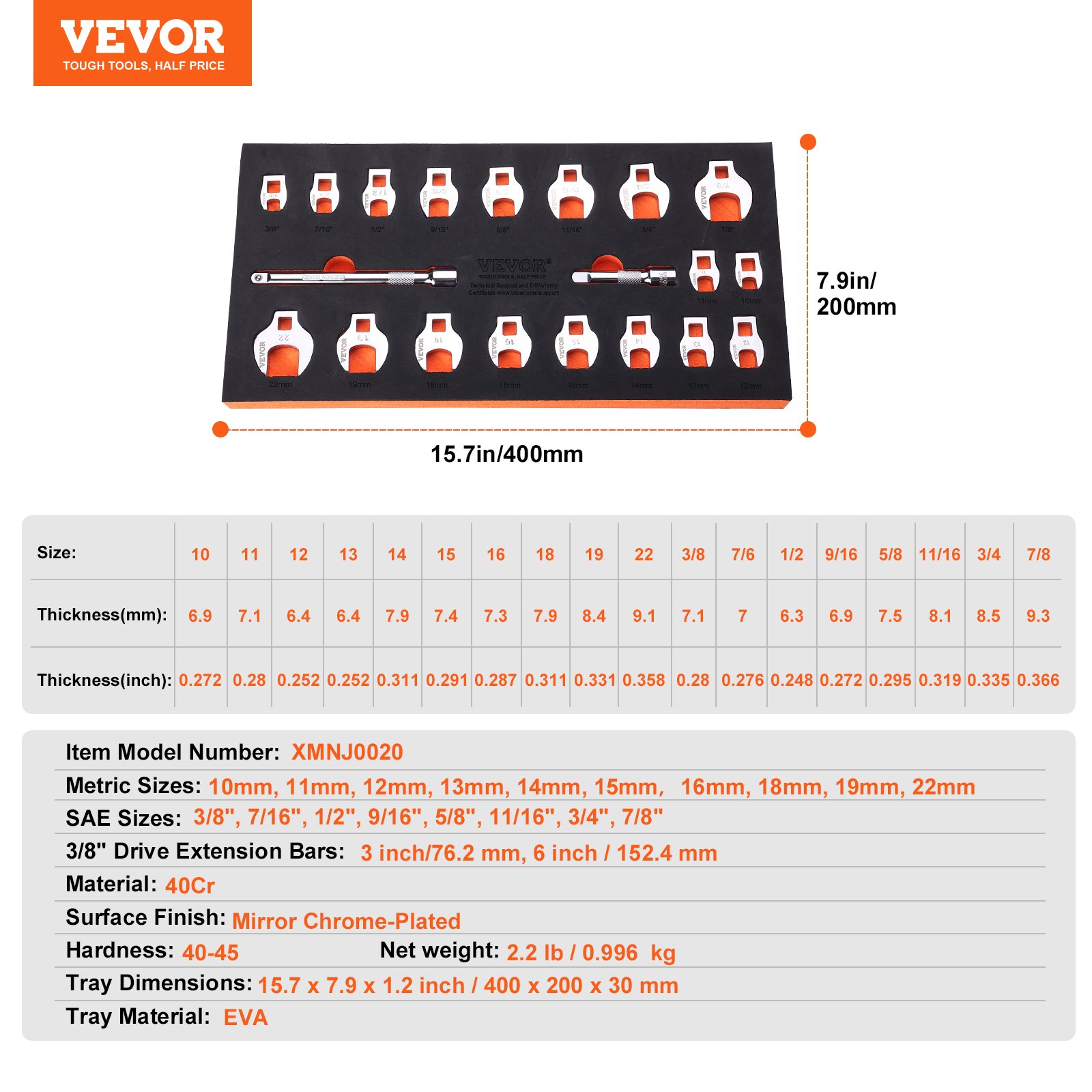 VEVOR Juego de Llaves de Ojo de Cuervo 20PCS con Accionamiento SAE Métrico 3/8"​