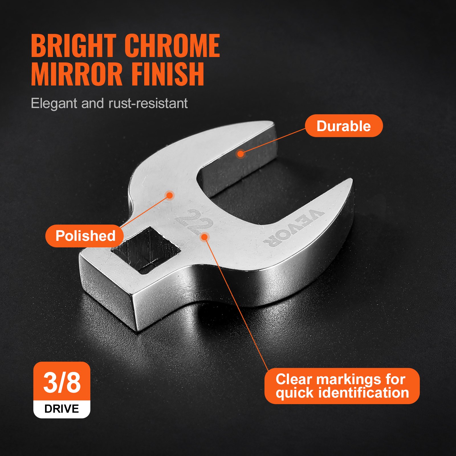 VEVOR Juego de llaves de pie de cuervo, 20 piezas, accionamiento de 3/8", métrico 10-22 mm SAE 3/8-7/8", llave de palanca de acero 40Cr, 2 barras de extensión para reparación de llaves dinamométricas
