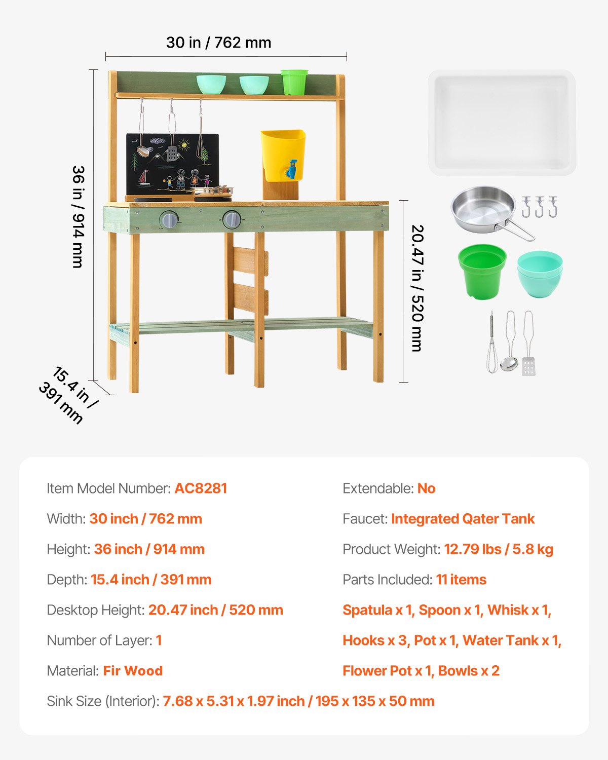 VEVOR Mud Kitchen 762x391x914 mm, Play Kitchen Set, Children's Kitchen, Wooden Outdoor Toy for Toddlers, Play Kitchen with Planter, Stove, Tank, Faucet, Chalkboard, Cookware, Pots and Accessories