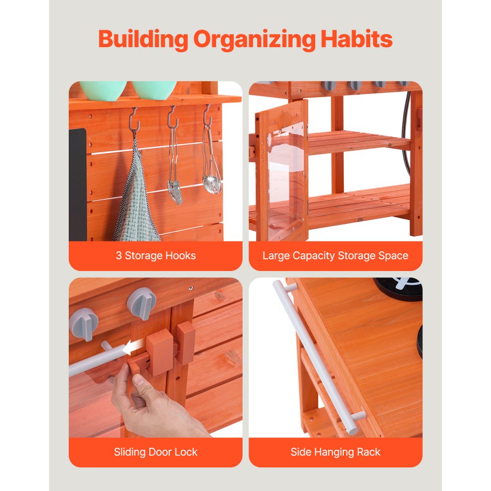 VEVOR Cocina de Barro para Niños, 1050 x 400 x 965 mm, Cocina de Juguete de Madera para Niños Al Aire Libre con Estufa, Fregadero, Grifo, Pizarra, Utensilios de Cocina, Ollas y Accesorios