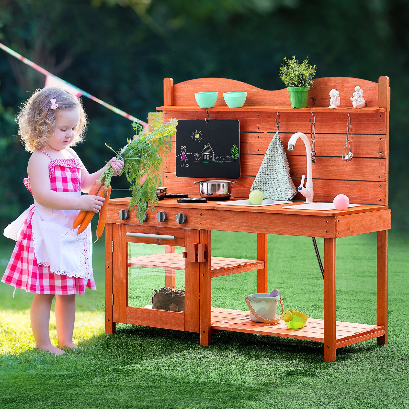 VEVOR Cocina de Barro para Niños, 1050 x 400 x 965 mm, Cocina de Juguete de Madera para Niños Al Aire Libre con Estufa, Fregadero, Grifo, Pizarra, Utensilios de Cocina, Ollas y Accesorios