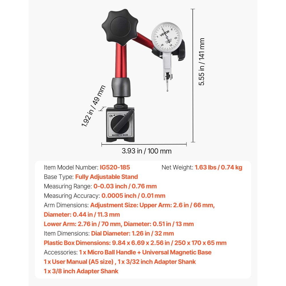 VEVOR Indicador de Cuadrante, con Base Magnética Universal y Estuche, Precisión de 0,01 mm, Rango 0 a 0,76 mm, Agarre de Microesferas, para Mecanizado, Reparaciones o Inspecciones de Laboratorio