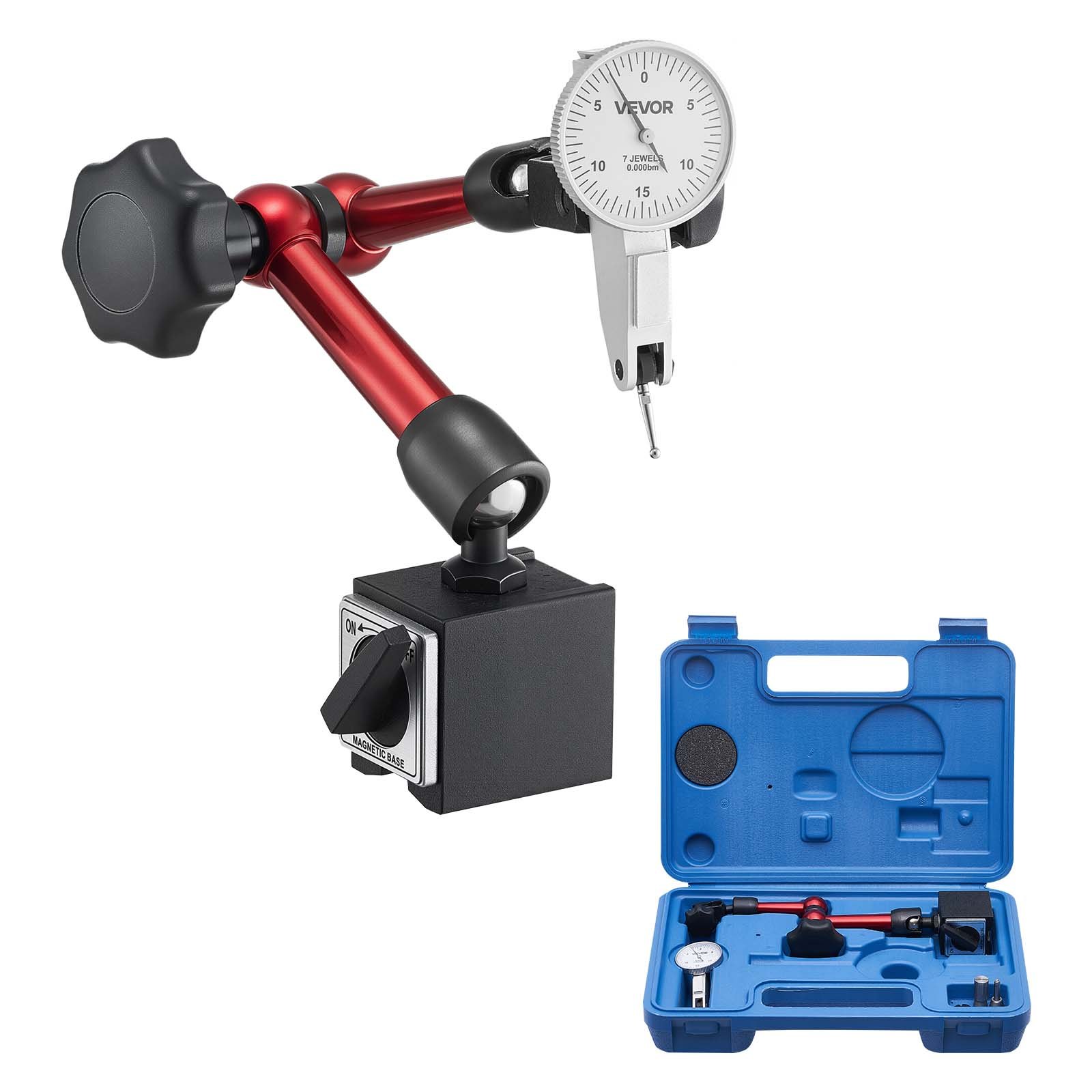 VEVOR Indicador de Cuadrante, con Base Magnética Universal y Estuche, Precisión de 0,01 mm, Rango 0 a 0,76 mm, Agarre de Microesferas, para Mecanizado, Reparaciones o Inspecciones de Laboratorio