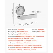 VEVOR Indicador de Comprobación de Cuadrante, con Base Metálica, Precisión de 0,03 mm, Rango de Medición 0 a 25,4 mm, para Medición de Áreas Estrechas, Mecanizado e Inspección Industrial, Plata