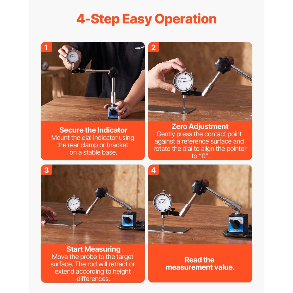 VEVOR Indicador de Cuadrante, con Soporte Magnético Flexible, Precisión de 0,03 mm, Rango de Medición de 0 a 25,4 mm, Graduaciones Claras, Brazo Largo Ajustable, para Configuración de Máquinas