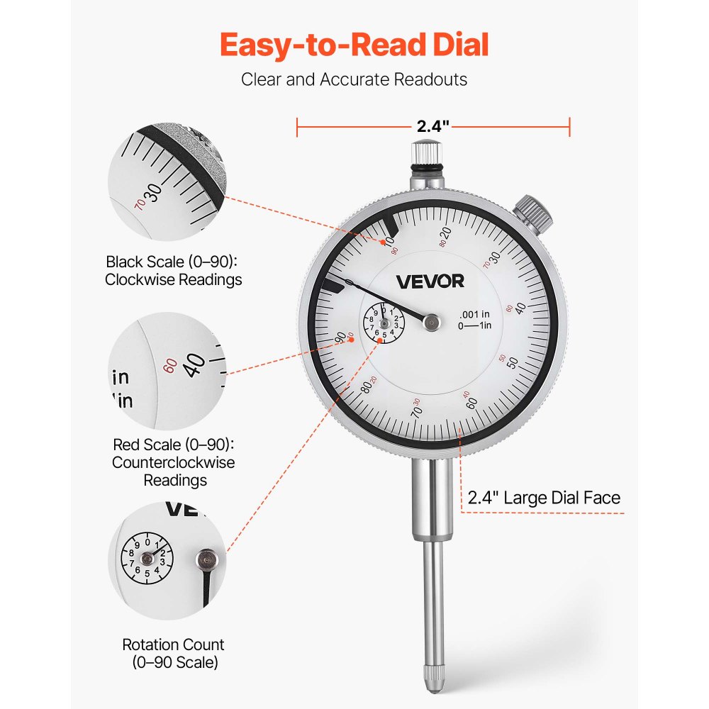 VEVOR Indicador de Cuadrante, con Soporte Magnético Flexible, Precisión de 0,03 mm, Rango de Medición de 0 a 25,4 mm, Graduaciones Claras, Brazo Largo Ajustable, para Configuración de Máquinas