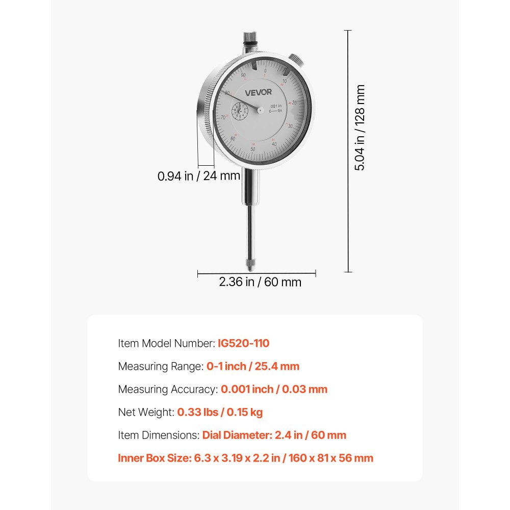 VEVOR Dial Test Indicator, 0.03 mm Accuracy, 0-25.4mm Measuring Range, Easy to Read Large Dial, Professional for Internal Diameter Measurement, Runout Detection, Flatness Inspection