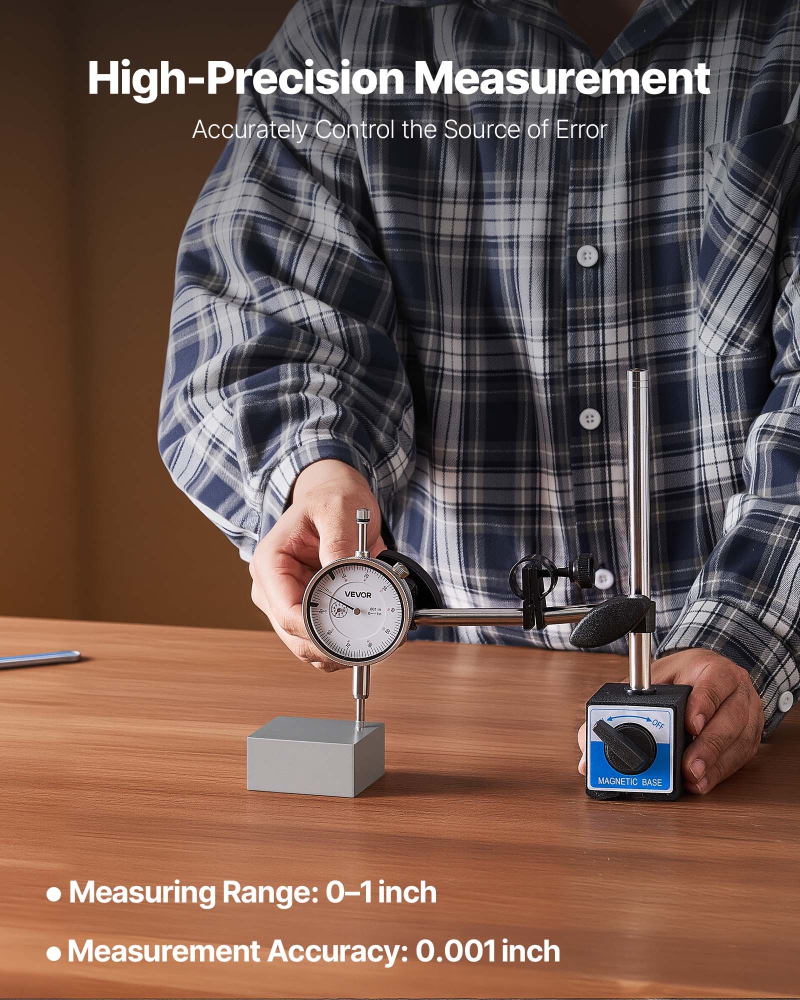 VEVOR Dial Test Indicator, 0.03 mm Accuracy, 0-25.4mm Measuring Range, Easy to Read Large Dial, Professional for Internal Diameter Measurement, Runout Detection, Flatness Inspection