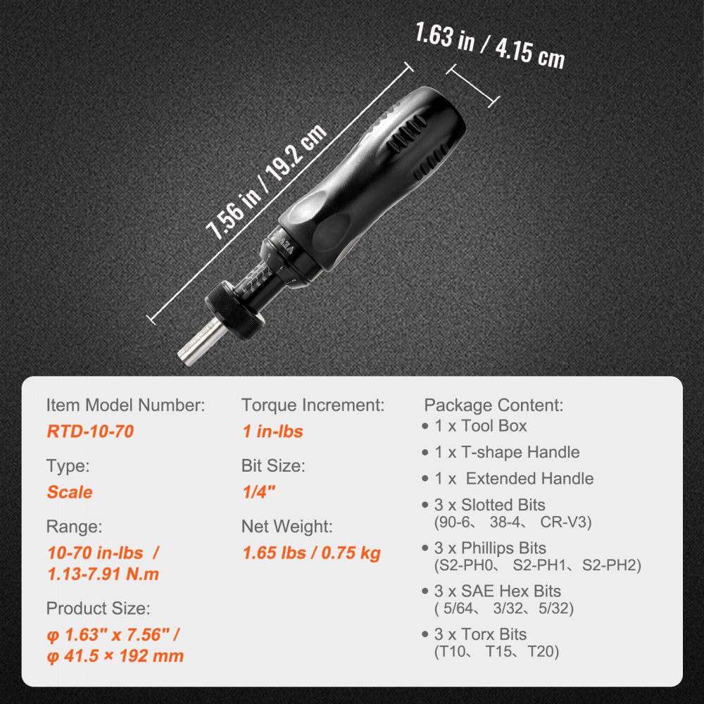 VEVOR Destornillador Dinamométrico Digital con Accionamiento de 1/4" con Pantalla LCD Rango de Par 1,13-7,91 Nm Incremento de 1 in/lb Juego de Brocas de Destornillador Dinamométrico con Escala