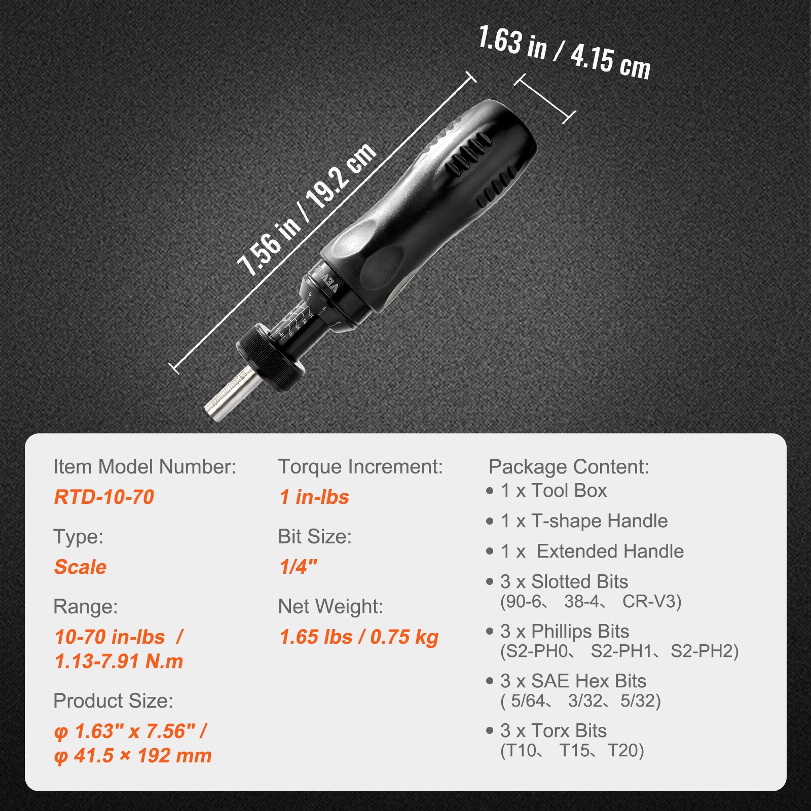 VEVOR Destornillador Dinamométrico Digital con Accionamiento de 1/4" con Pantalla LCD Rango de Par 1,13-7,91 Nm Incremento de 1 in/lb Juego de Brocas de Destornillador Dinamométrico con Escala