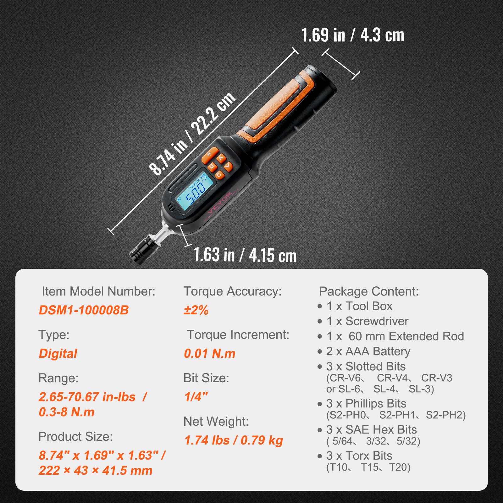 VEVOR Destornillador Dinamométrico Digital con Accionamiento de 1/4" con Pantalla LCD Rango de Par 0,3-8 Nm Incremento 0,01 Nm Herramienta Precisa de Liberación Rápida para Taller de Electricista