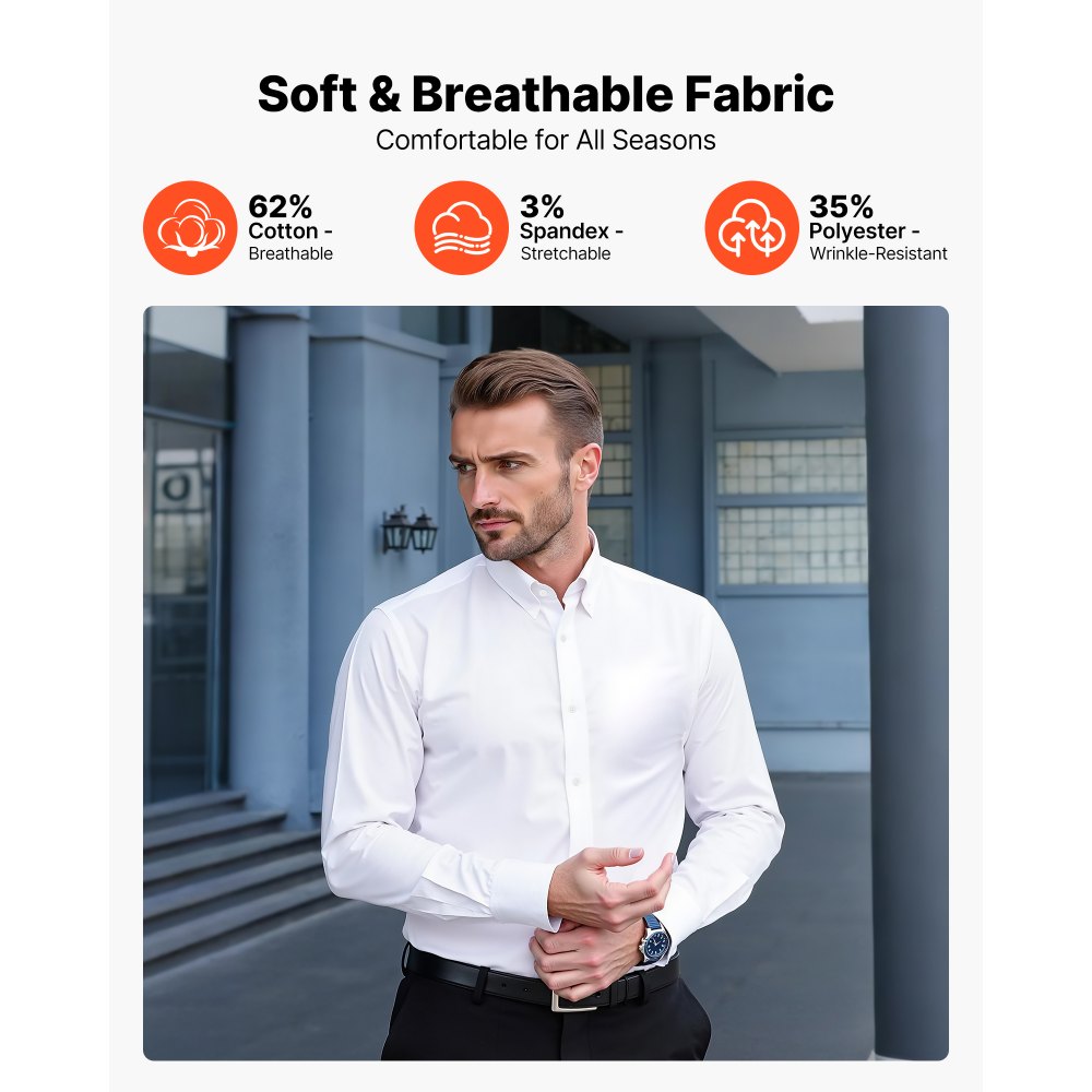 VEVOR Camisa para Hombre de Manga Larga Tamaño Mediano Antiarrugas Camisa con Botones Corte Entallado Camiseta de Ajuste Regular Suave y Elástica para Negocios, Informal, Trabajo, Boda, Cena, Blanco