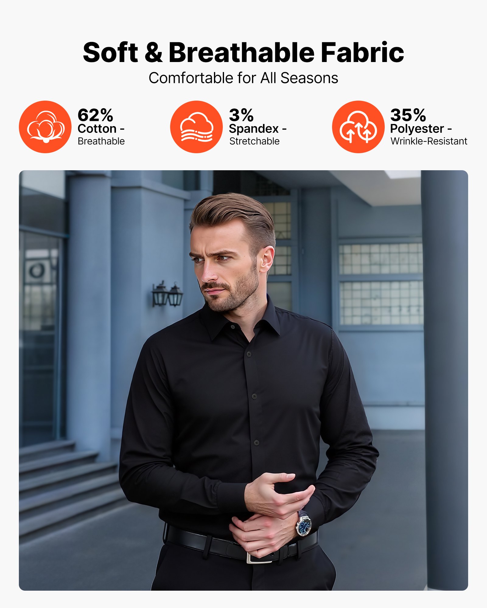 VEVOR Camisa para Hombre de Manga Larga Tamaño Mediano Antiarrugas Camisa con Botones Corte Entallado Camiseta de Ajuste Regular Suave y Elástica para Negocios, Informal, Trabajo, Boda, Cena, Negro