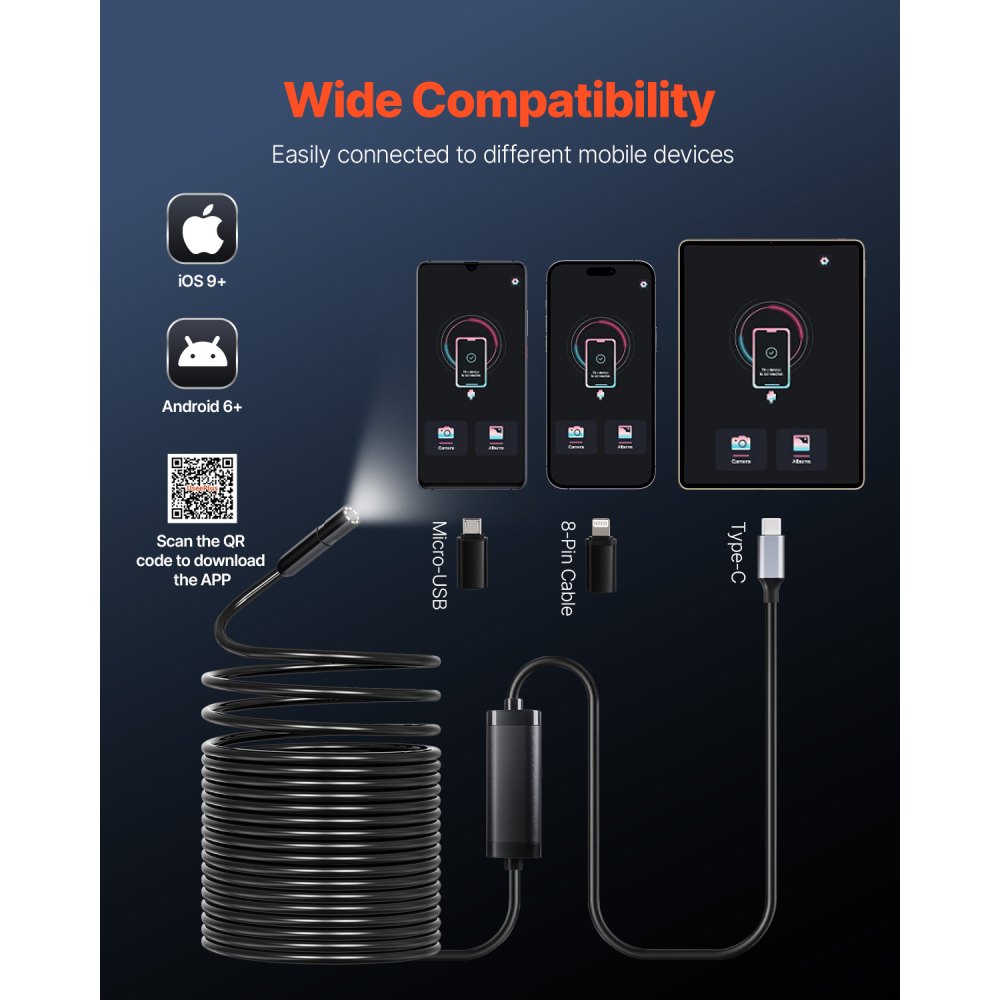 VEVOR Cámara Endoscópica con Cable Semirrígido de 15 m, Boroscopio HD 1920P para Android e iOS, con Luz, 8 LED, Zoom 2X, Impermeable IP67, para Automóviles y Plomería, 15000 x 24 x 12 mm, Negro