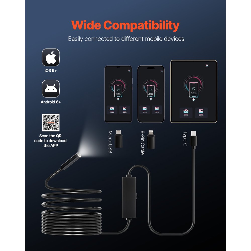VEVOR Cámara Endoscópica, Boroscopio HD 1920P para Android e iOS, con 8 Luces LED Ajustable y Cable Semirrígido de 5 m, Zoom 2X, Impermeable IP67, para Automóviles y Plomería, 5000 x 18 x 10 mm