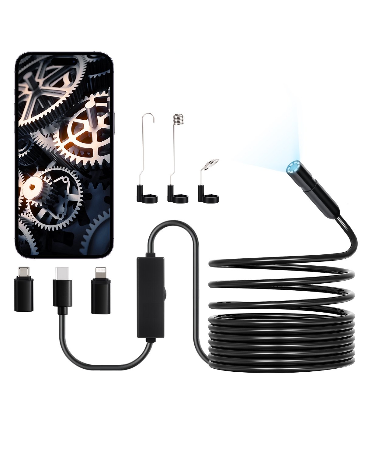 VEVOR Cámara Endoscópica, Boroscopio HD 1920P para Android e iOS, con 8 Luces LED Ajustable y Cable Semirrígido de 5 m, Zoom 2X, Impermeable IP67, para Automóviles y Plomería, 5000 x 18 x 10 mm