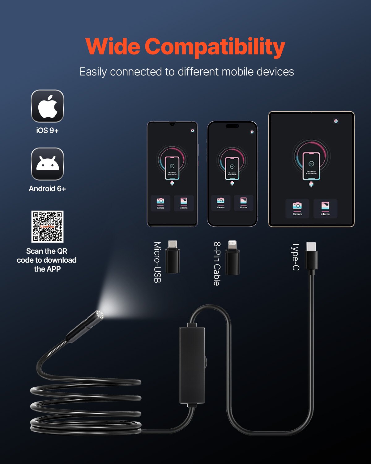 VEVOR Cámara Endoscópica, Boroscopio HD 1920P para Android e iOS, con 8 Luces LED, Cable Semirrígido de 3 m, Zoom 2X, Impermeable IP67, para Automóviles y Plomería, 3000 x 18 x 10 mm, 3 en 1