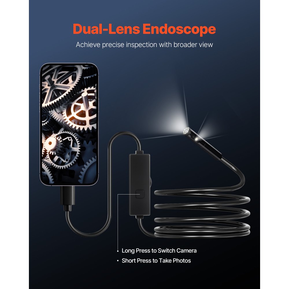 VEVOR Cámara Endoscópica, Boroscopio de Doble Lente para Android e iOS, HD 1920P con 8 + 1 Luces LED, Zoom 2X, Cable Flexible 3 m, Impermeable IP67, para Automóviles y Plomería, 3000 x 18 x 10 mm