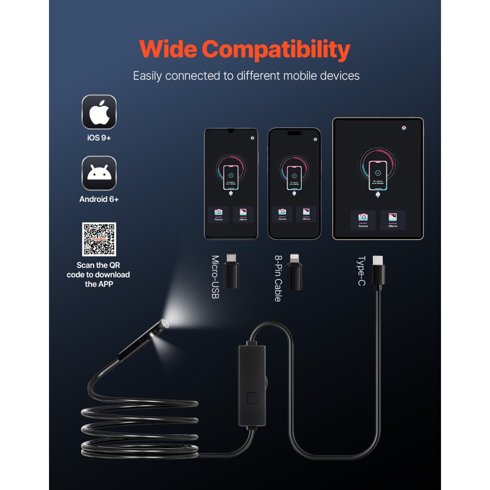 VEVOR Cámara Endoscópica, Boroscopio de Doble Lente para Android e iOS, HD 1920P con 8 + 1 Luces LED, Zoom 2X, Cable Flexible 3 m, Impermeable IP67, para Automóviles y Plomería, 3000 x 18 x 10 mm