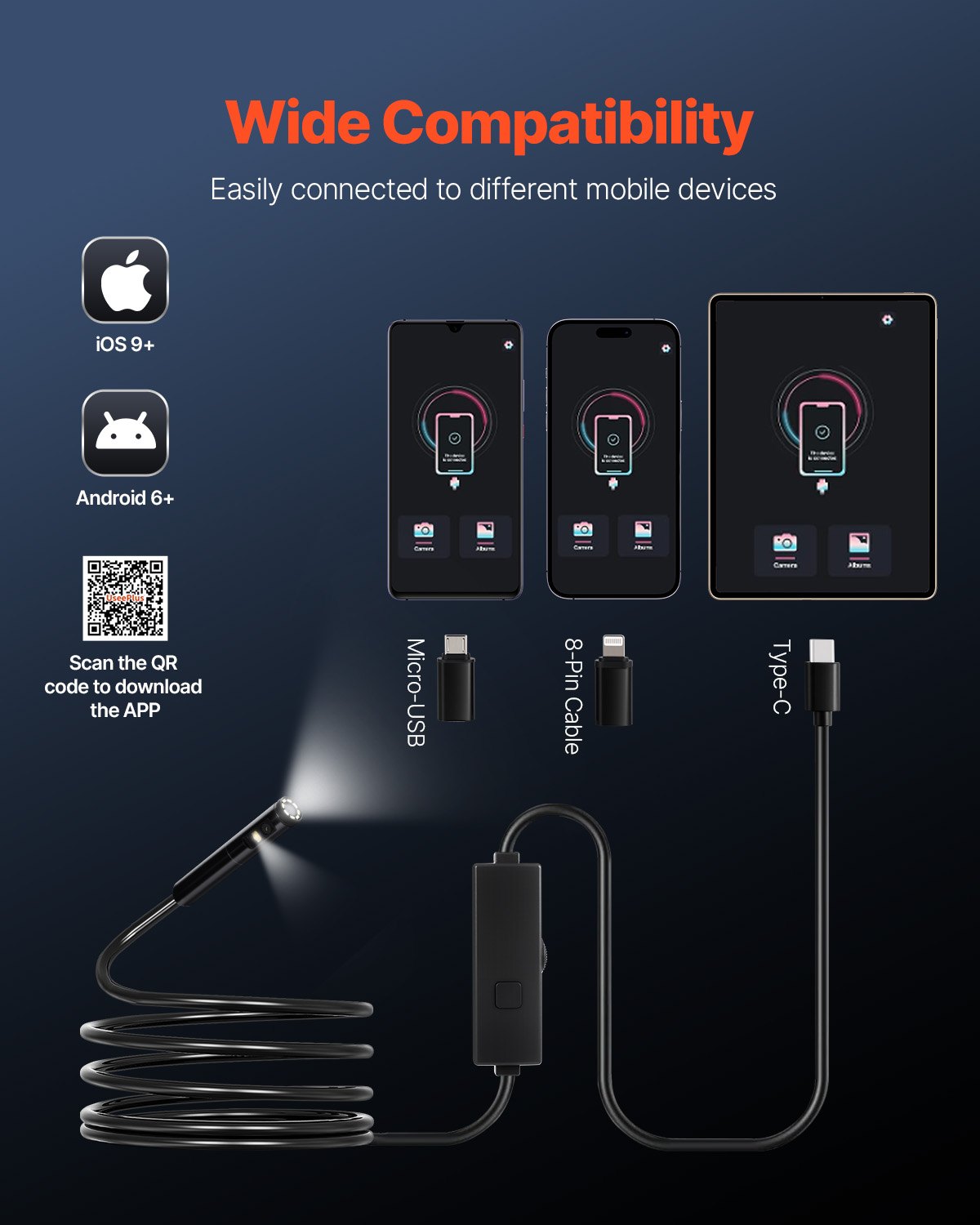 VEVOR Cámara Endoscópica, Boroscopio de Doble Lente para Android e iOS, HD 1920P con 8 + 1 Luces LED, Zoom 2X, Cable Flexible 3 m, Impermeable IP67, para Automóviles y Plomería, 3000 x 18 x 10 mm