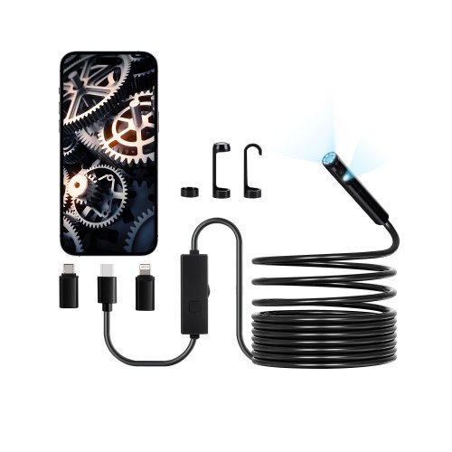 VEVOR Cámara Endoscópica, Boroscopio Doble Lente para Android e iOS, HD 1920P con 8 Luces LED + 1, Zoom 2X, Cable Flexible de 5 m, Impermeable IP67, para Automóviles y Plomería, 5000 x 18 x 10 mm
