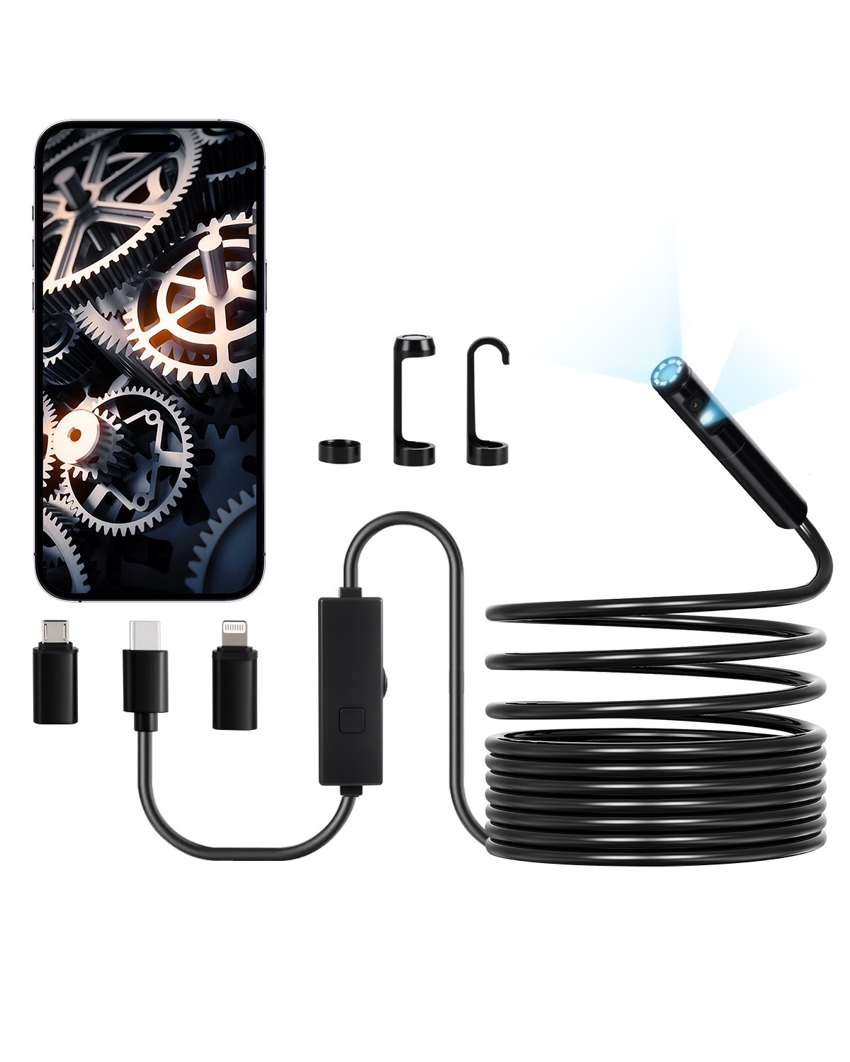VEVOR Cámara Endoscópica, Boroscopio Doble Lente para Android e iOS, HD 1920P con 8 Luces LED + 1, Zoom 2X, Cable Flexible de 5 m, Impermeable IP67, para Automóviles y Plomería, 5000 x 18 x 10 mm