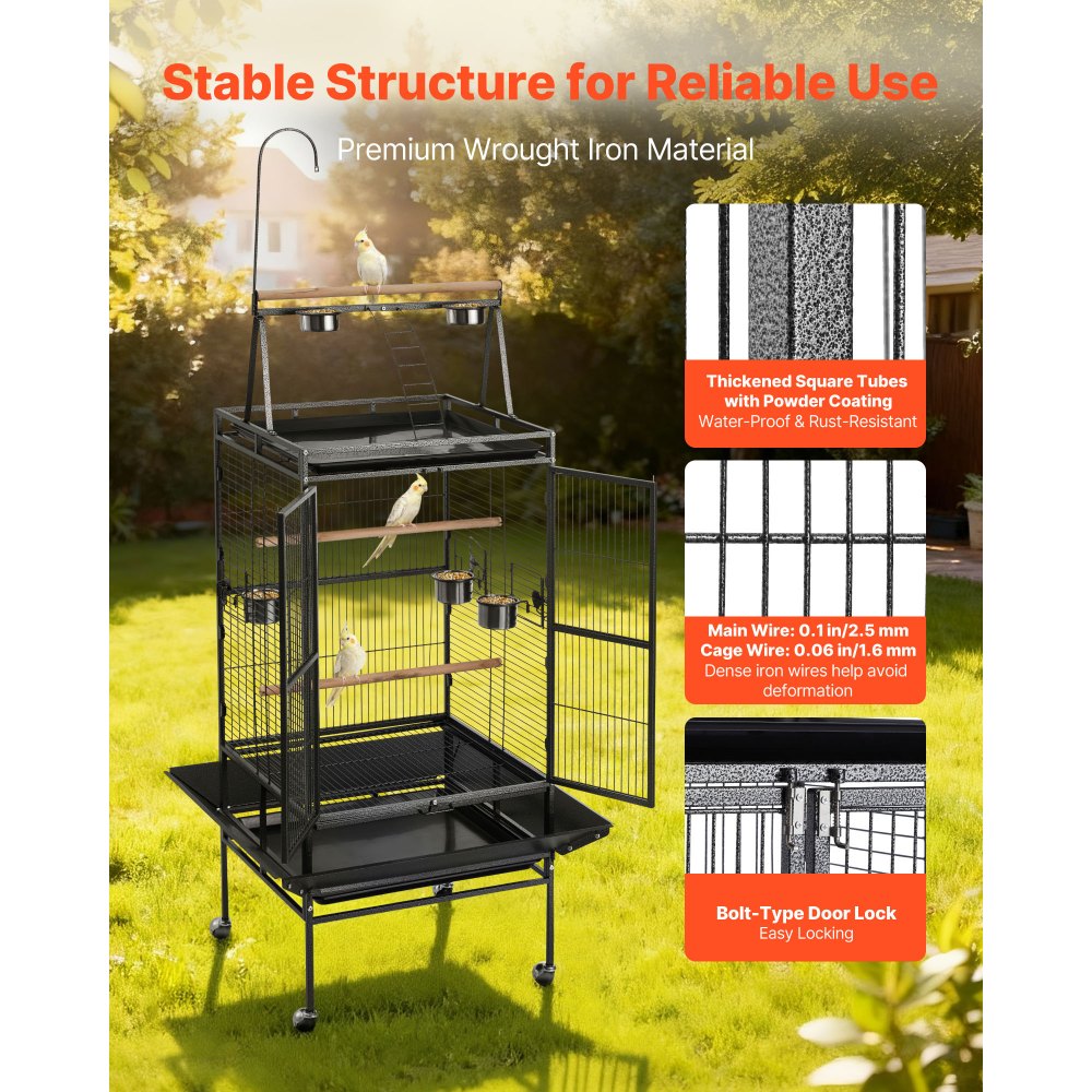 VEVOR Bird Cage, 830 x 790 x 2100 mm, Open Flat Top, Wrought Iron Bird Flight Cage with Perches, Slide-Out Tray, Plastic Feeders, for Cockatiel, Monk Parakeet, Amazon Parrot, African Grey Parrot