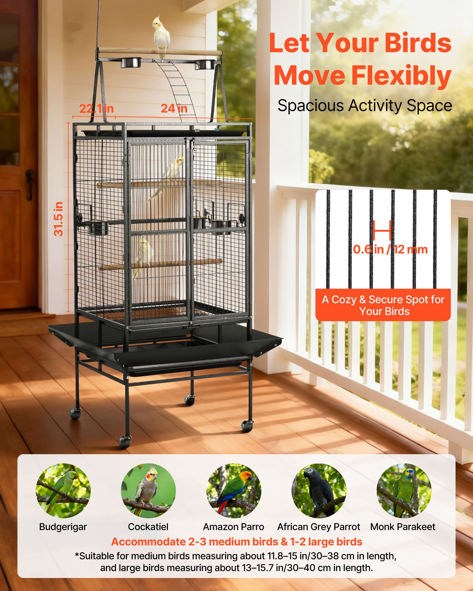 VEVOR Bird Cage, 830 x 790 x 2100 mm, Open Flat Top, Wrought Iron Bird Flight Cage with Perches, Slide-Out Tray, Plastic Feeders, for Cockatiel, Monk Parakeet, Amazon Parrot, African Grey Parrot