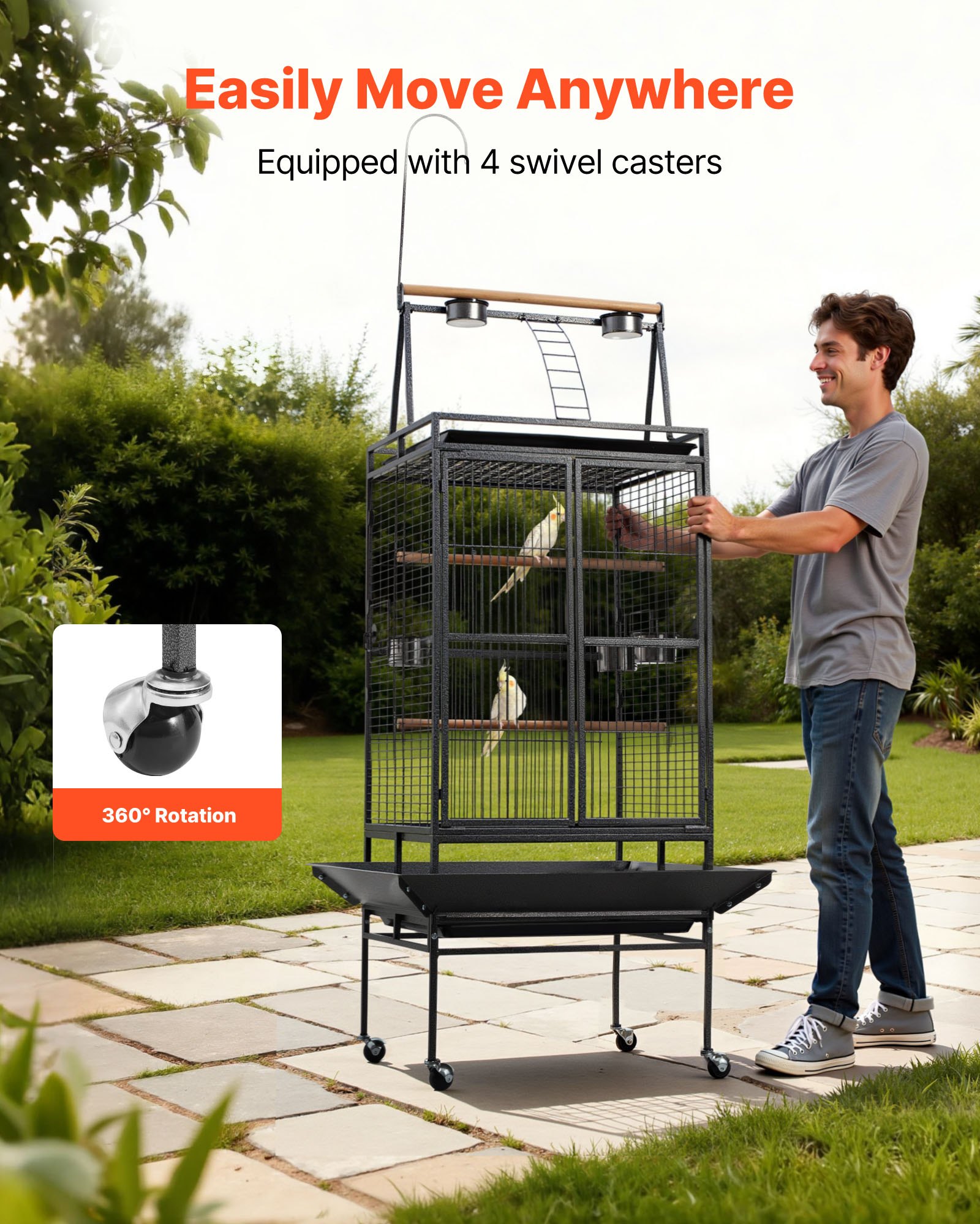 VEVOR Bird Cage, 830 x 790 x 2100 mm, Open Flat Top, Wrought Iron Bird Flight Cage with Perches, Slide-Out Tray, Plastic Feeders, for Cockatiel, Monk Parakeet, Amazon Parrot, African Grey Parrot
