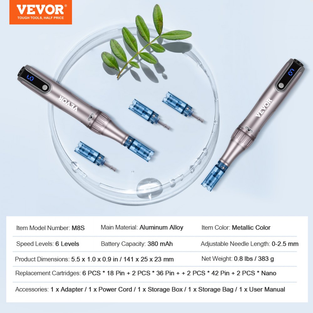 VEVOR M8S Pluma de Microagujas Faciales 12 Cartuchos de Agujas Desechables Dermapen Eléctrico 6 Velocidades Variables Máquina de Microagujas Longitud de Aguja Ajustable 0-2,5 mm Pantalla LCD