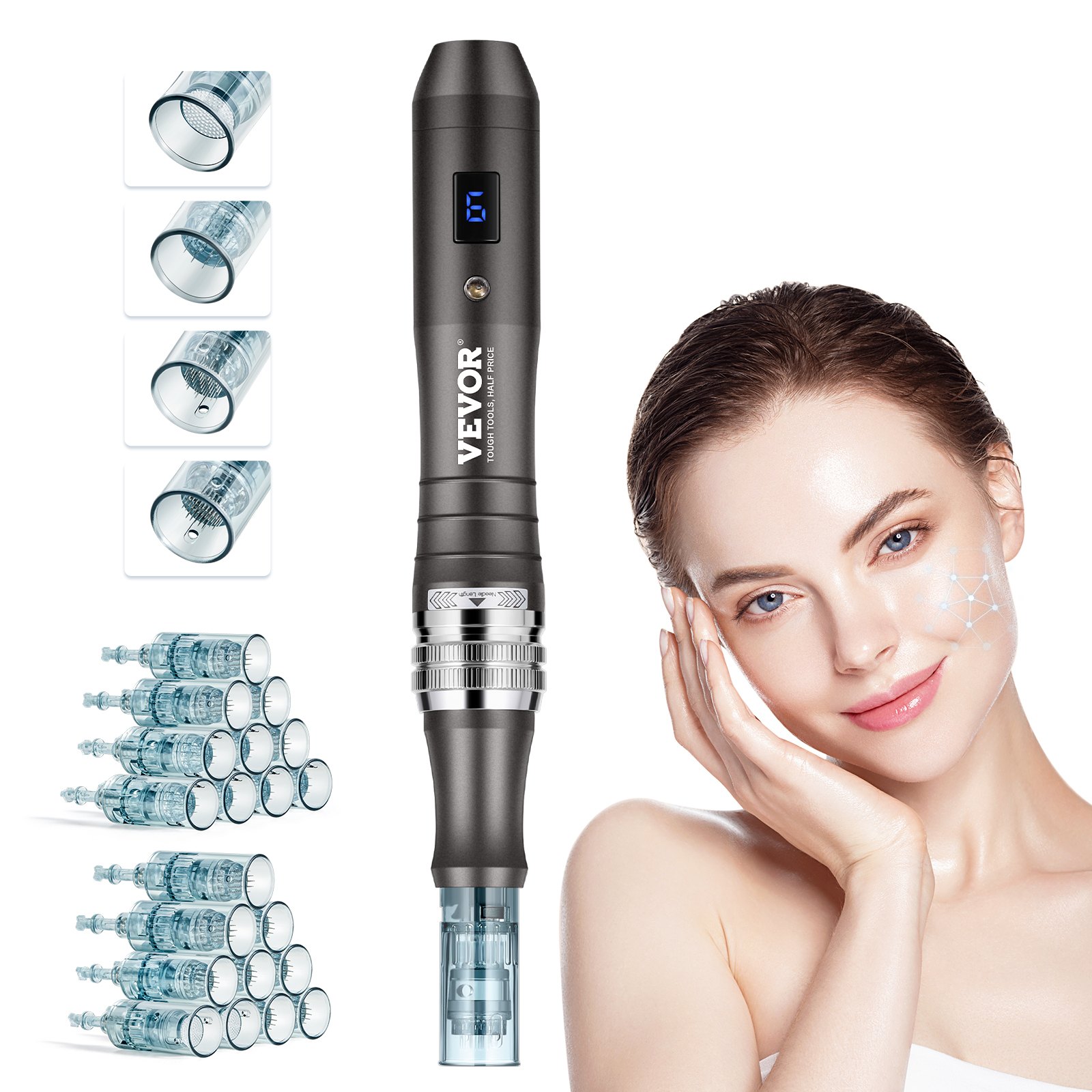 VEVOR Pluma de Microagujas Faciales 20 Cartuchos de Agujas Desechables Dermapen Eléctrico Profesional 6 Velocidades Variables Máquina de Microagujas Longitud de Aguja Ajustable 0-2,5 mm Pantalla LCD