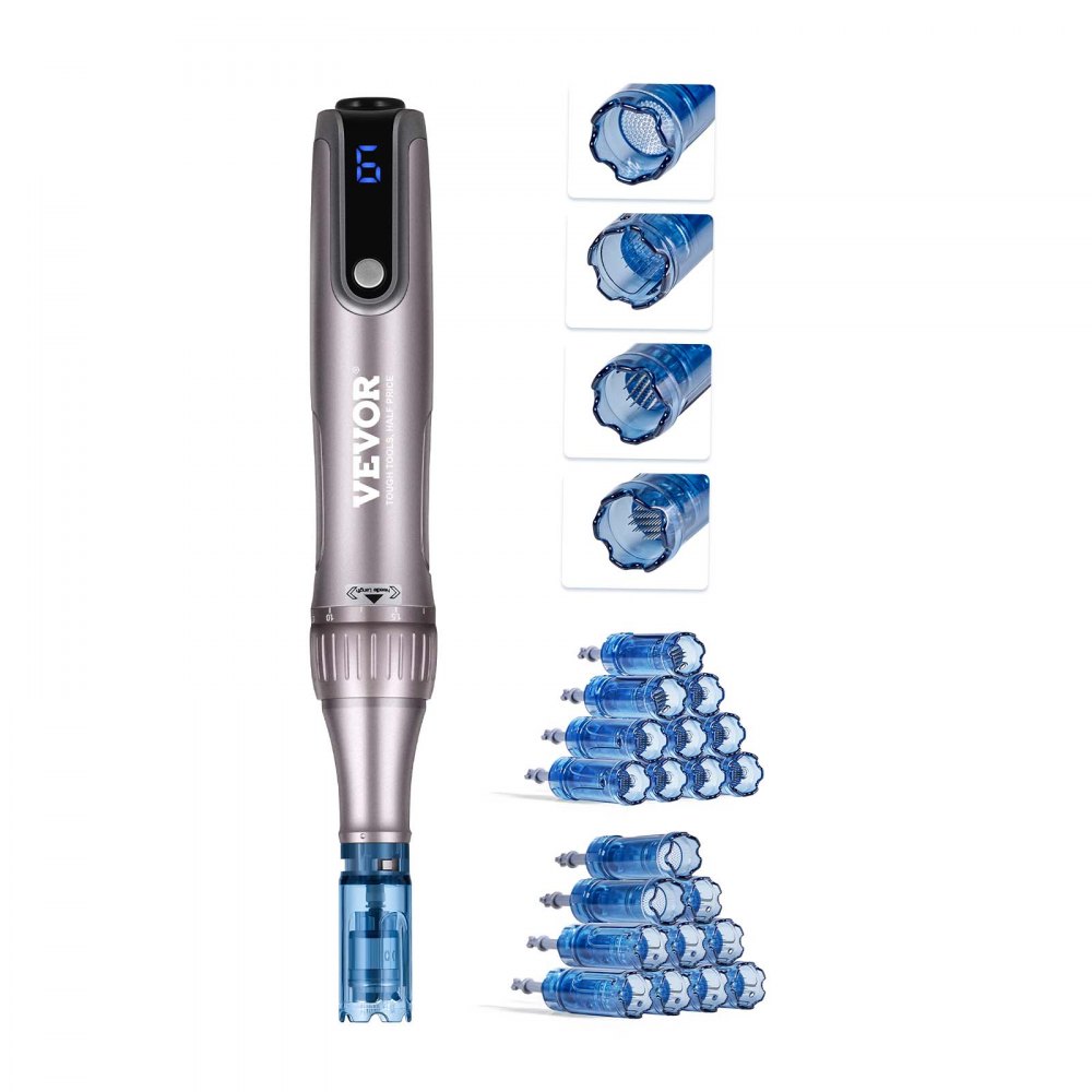 VVEVOR M8S Pluma de Microagujas Faciales 20 Cartuchos de Agujas Desechables Dermapen Eléctrico 6 Velocidades Variables Máquina de Microagujas Longitud de Aguja Ajustable 0-2,5 mm Pantalla LCD