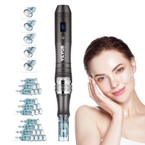 VEVOR Pluma de Microagujas Faciales 22 Cartuchos de Agujas Desechables Dermapen Eléctrico Profesional 6 Velocidades Variables Máquina de Microagujas Longitud de Aguja Ajustable 0-2,5 mm Pantalla LCD